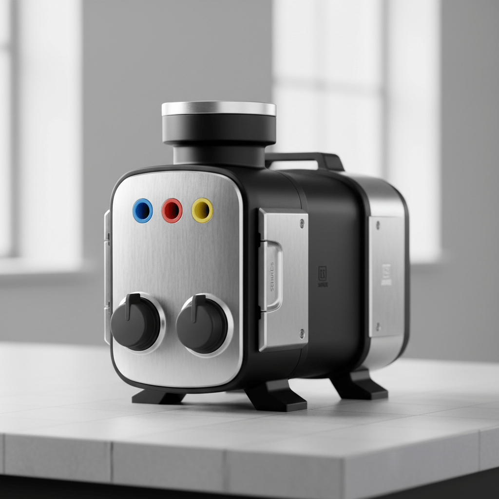 Modern shallow well water pump with matte black and brushed steel on an industrial workbench.