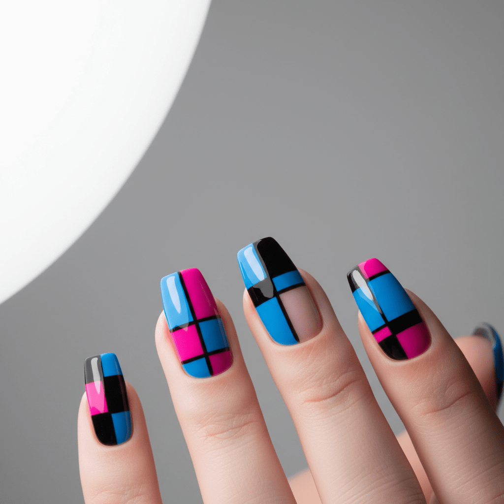 Trendy 2026 nails with digital glitch art, geometric lines, and vibrant color blocks.