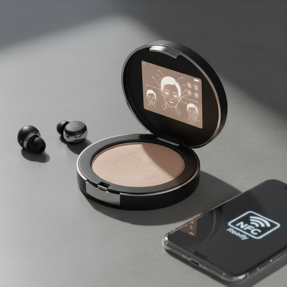 Elegant matte black compact powder with touchscreen, surrounded by tech props.
