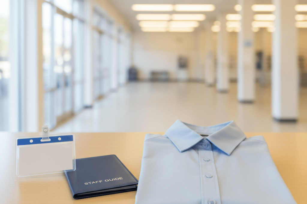 Neatly arranged retail counter with uniform shirt and name tag under natural and ambient lighting