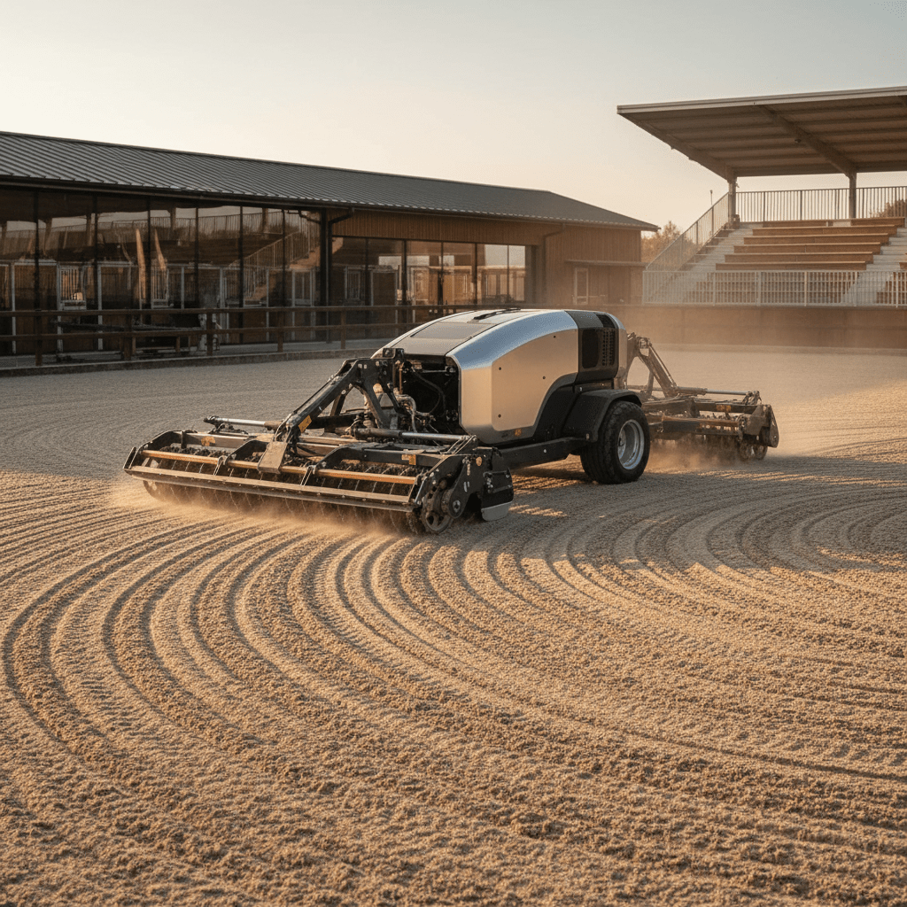 Modern arena drag rotary harrow creating smooth patterns on synthetic equestrian footing.