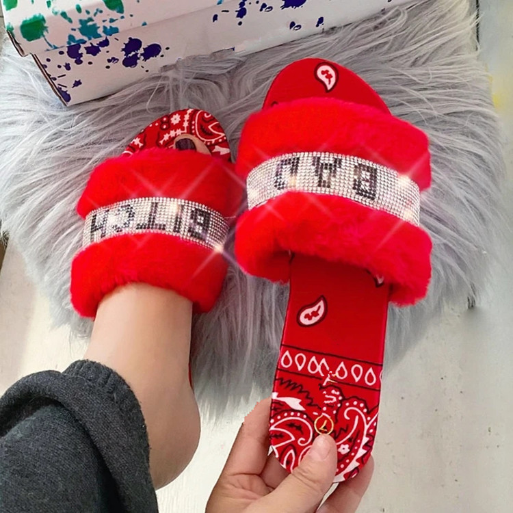 Женская Бандана с открытым носком, мягкие Меховые тапочки со стразами, пушистые сандалии-слайды, лето 2021