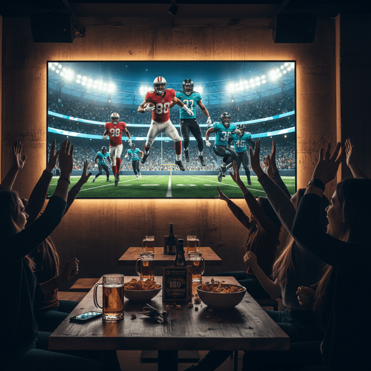 Modern sports bar with a giant screen showing a championship game, fans cheering.