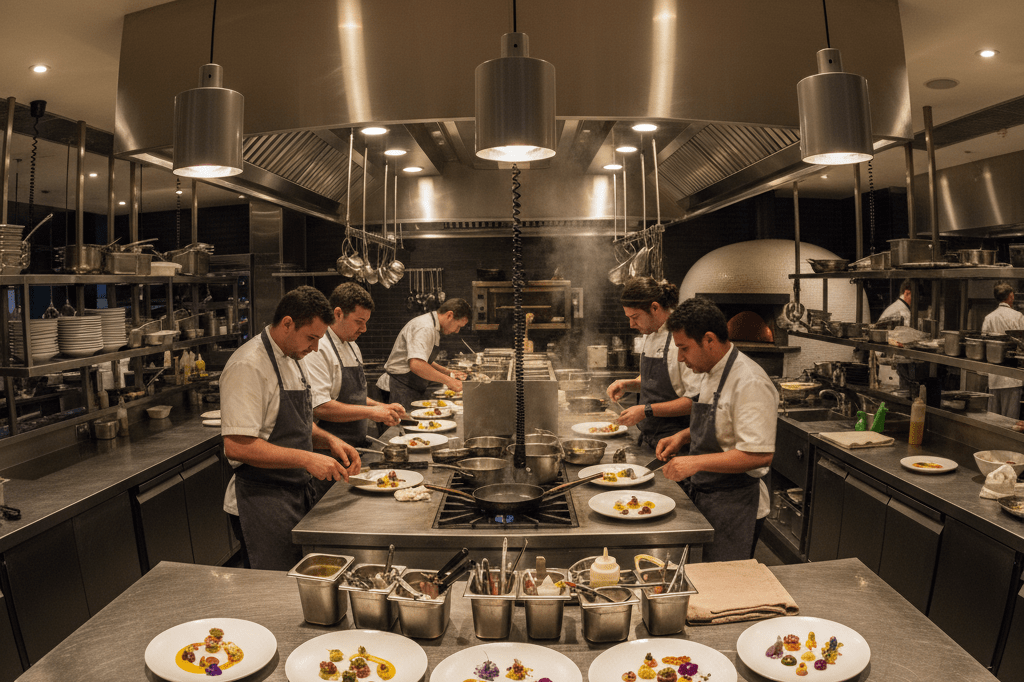Wide shot of a busy restaurant kitchen with chefs preparing food under ambient indoor lighting, highlighting teamwork and precision