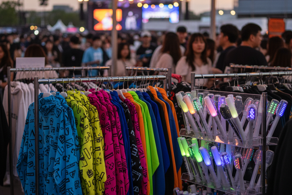 Colorful K-pop hoodies and light sticks displayed at a busy festival booth under ambient lighting, evoking high post-concert demand