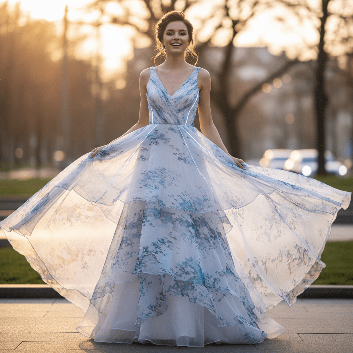 Ethereal multi-layered silk chiffon gown with holographic white and digital prints.