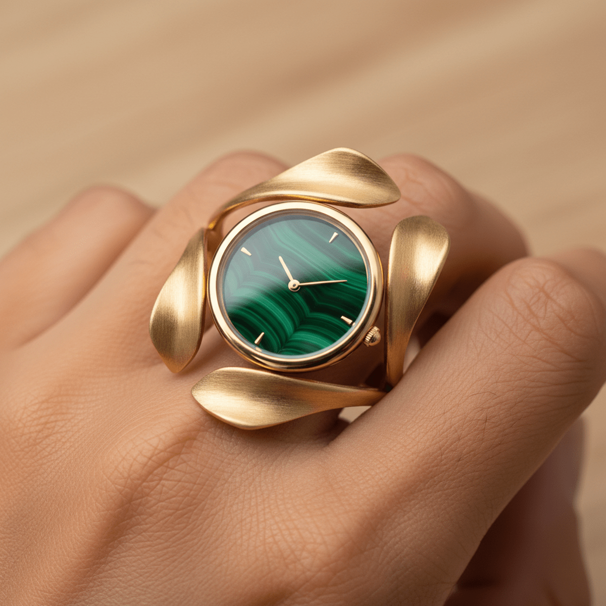 Sculptural ring watch with unfurling leaves and polished malachite dial.