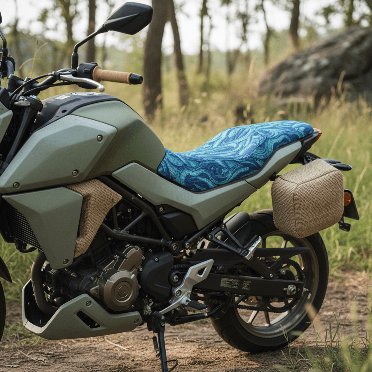 Motorcycle seats upholstered in recycled ocean plastic with wave patterns.