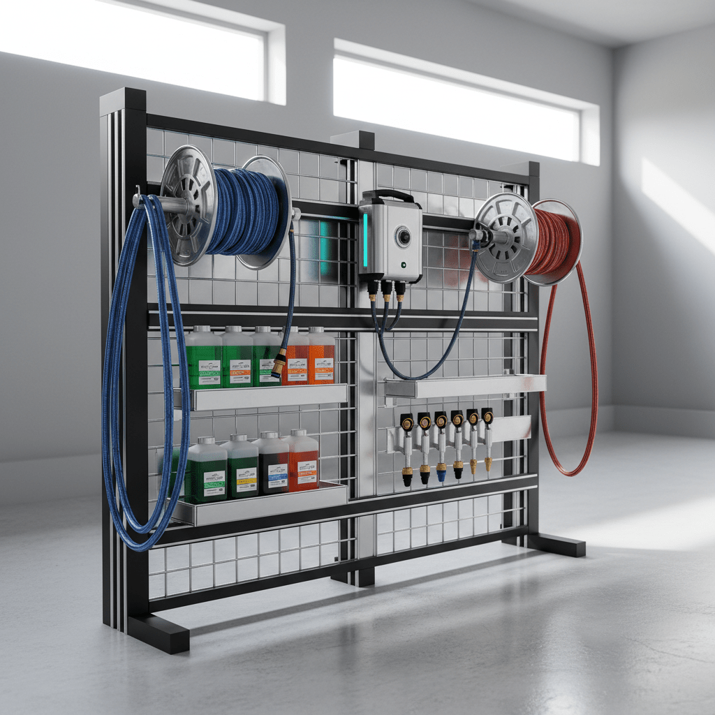 Futuristic wall-mounted power washer system in a sleek, organized modern garage.