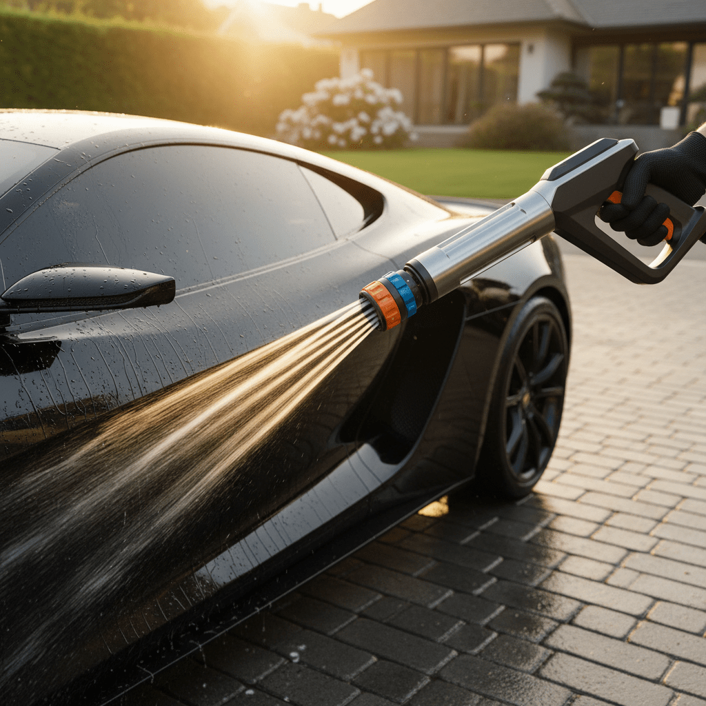 Pressure washer with 5-in-1 nozzle cleaning a black car in golden hour.