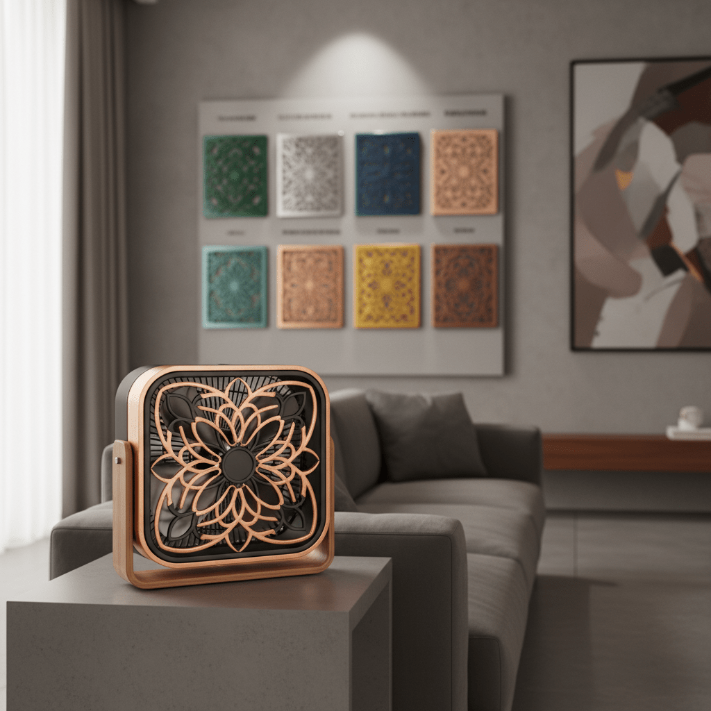 Stylish box fan enhances modern living room décor with customizable grille. Modular box fan with ornate floral grille blends into contemporary living room décor.