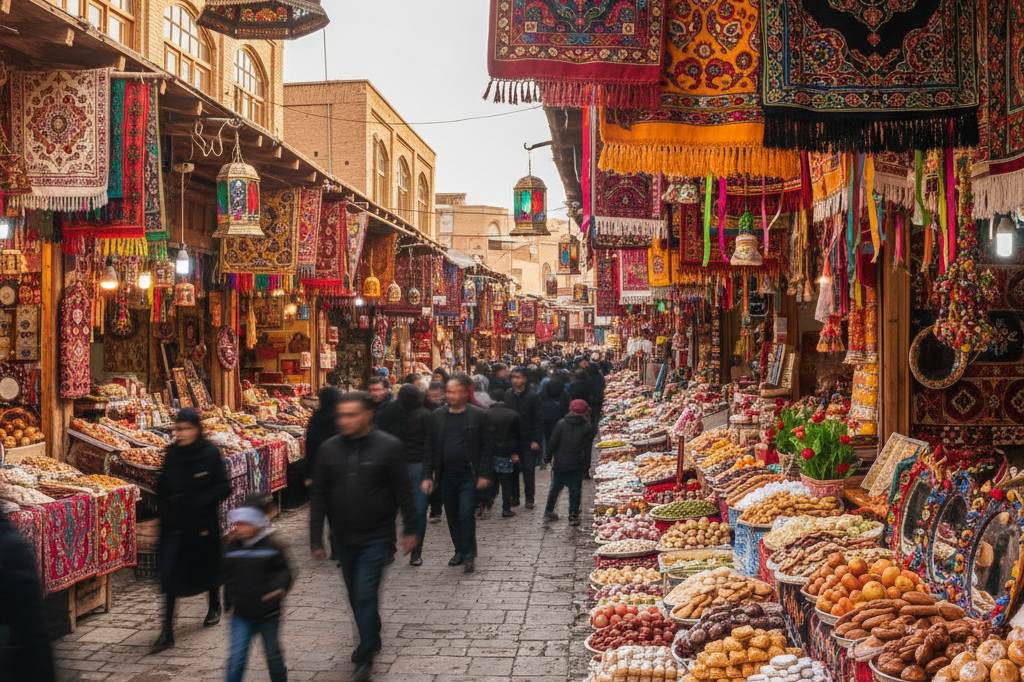 Vibrant Nowruz marketplace reflecting cultural resilience Wide shot of a lively marketplace filled with Nowruz-themed decorations and goods under natural daylight, symbolizing sustained demand during challenges