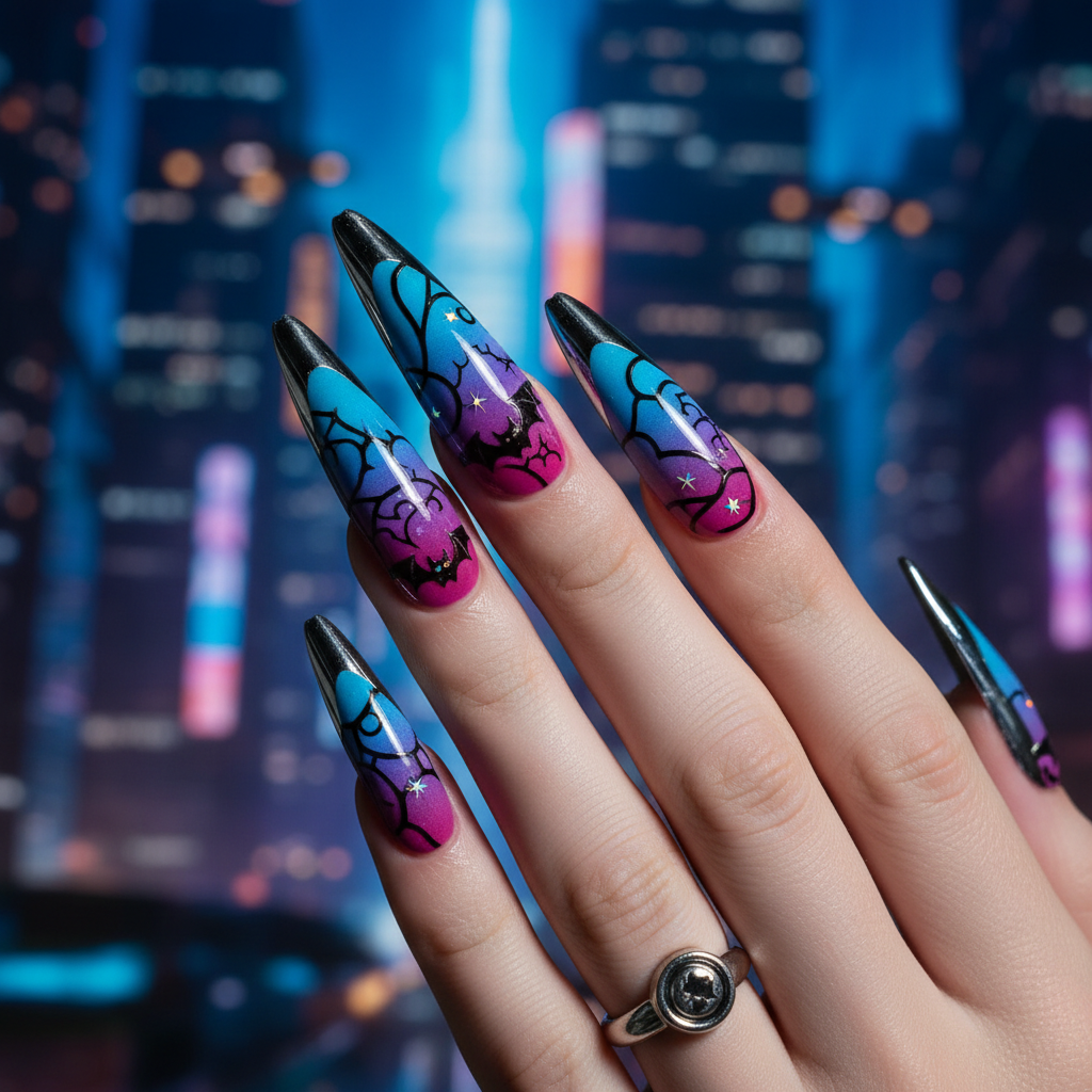 Cyber-goth inspired manicure with chrome, blue to magenta gradient, and tribal patterns.