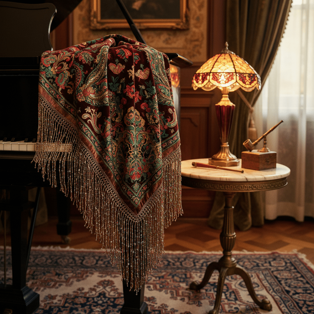Close-up of a paisley piano shawl draped over a grand piano with beaded fringe.