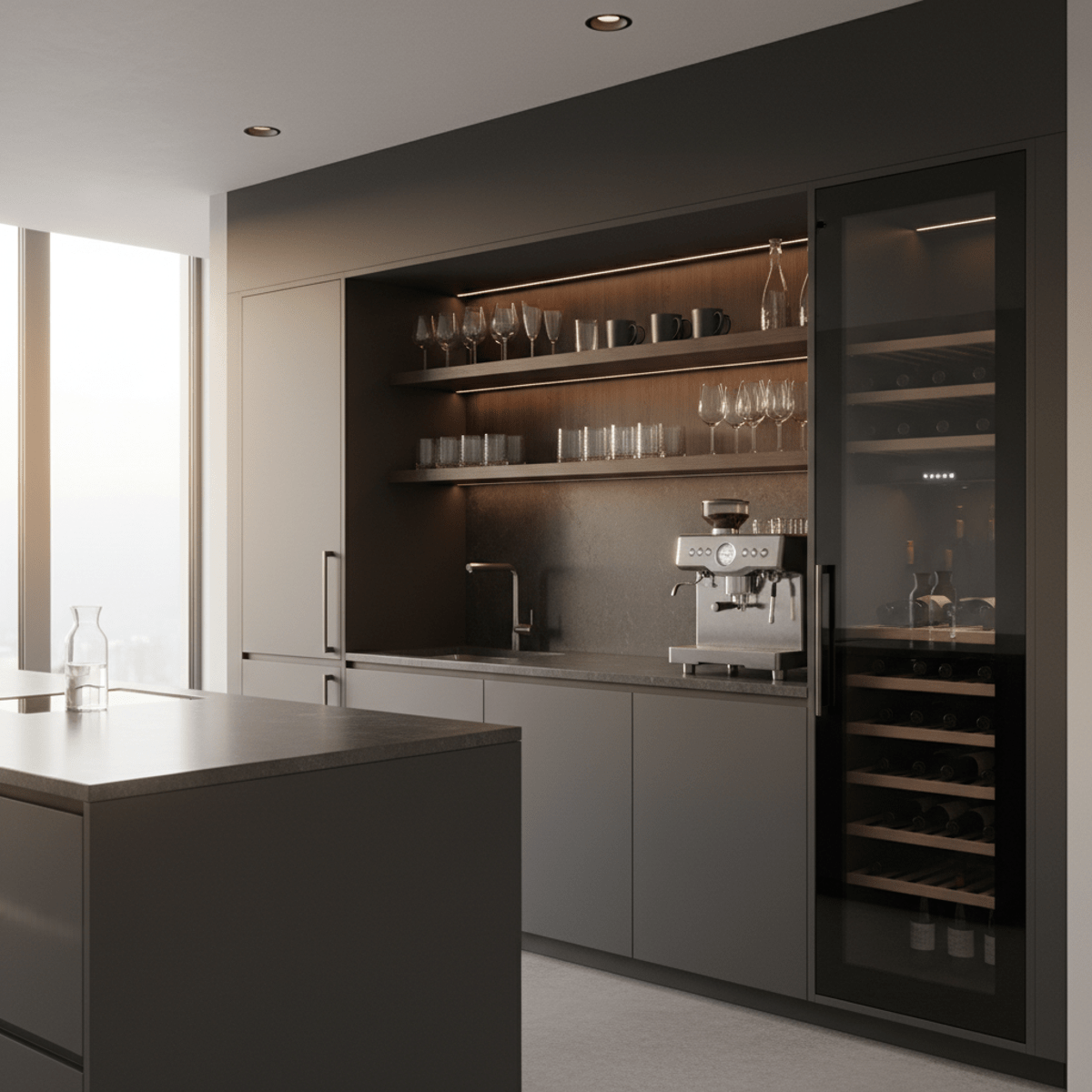Modern kitchen beverage bar with espresso station and wine cooler.
