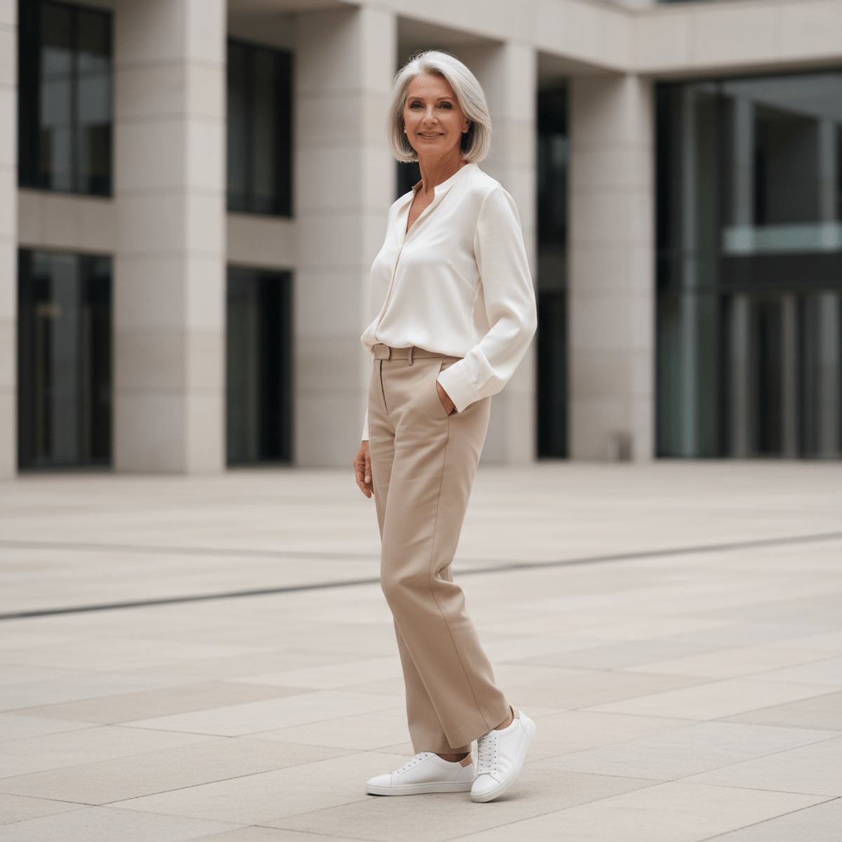 Elegant woman in minimalist leather sneakers stands in a modern urban plaza.