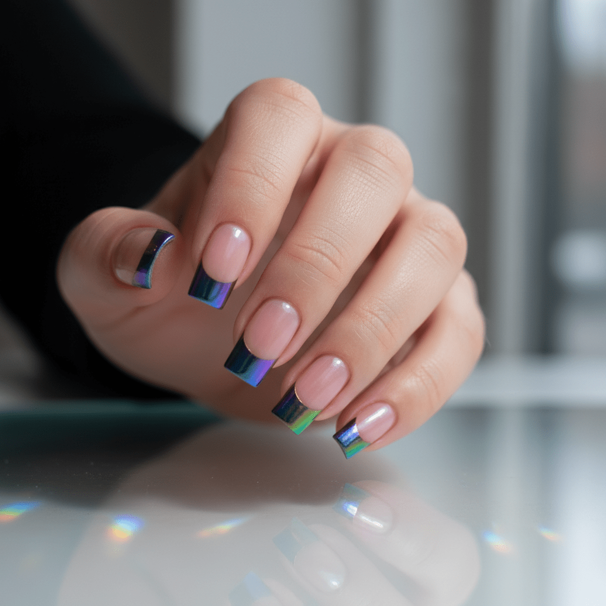 Ultra-thin holographic micro-French tips shimmer with rainbow colors on manicured natural nails.
