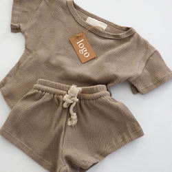 Custom Summer Knitted Polyester Organic Cotton Waffle Baby Joggers Leggings Shorts set