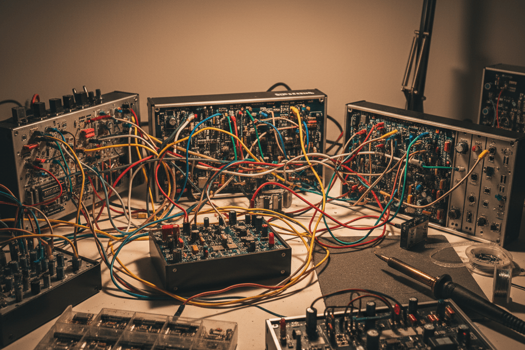 Custom electronic music components on a creative workbench Close-up of DIY synthesizer parts and wires on a workbench under warm light, symbolizing custom music trends