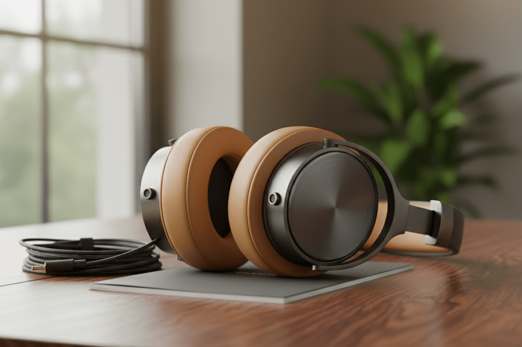 High-end headphones showcased on a wooden surface with soft lighting highlighting material quality and design details