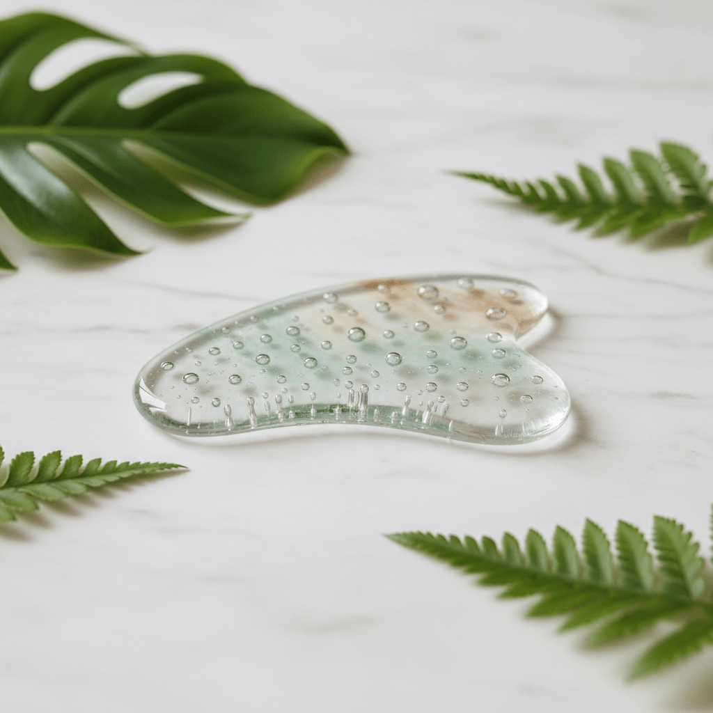 Close-up of a smooth recycled glass gua sha tool with unique bubble inclusions.