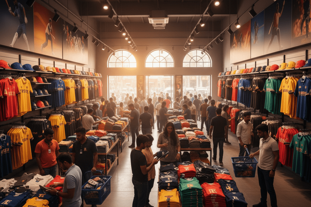 Retail space filled with generic team jerseys and caps under warm natural light, showcasing strategic inventory planning for sports events