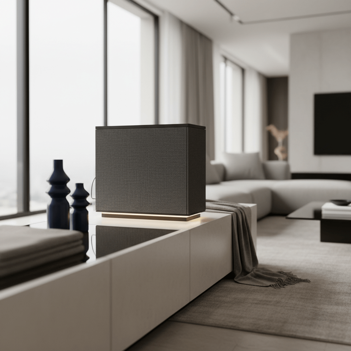 Sleek PC gaming desktop on a minimalist console in a luxury living room.