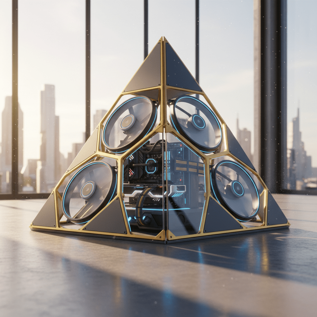 Futuristic pyramid PC case with hexagonal frame and glowing fans on concrete.