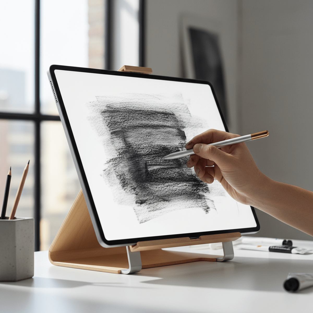 Close-up of tablet with digital painting and artisan's hand holding stylus.