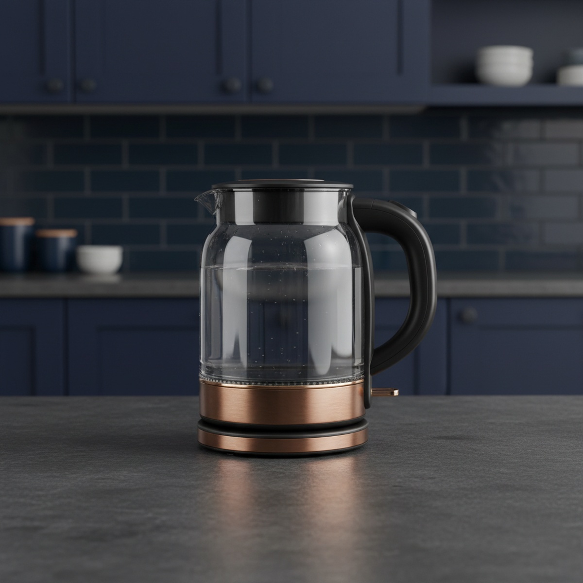 Sleek glass kettle with bronze accents on a dark countertop.