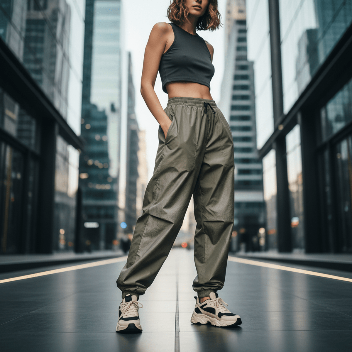 Model in future city street wearing 80s inspired parachute pants with subtle sheen.