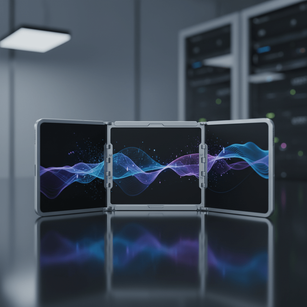 Futuristic tri-fold smartphone unfolds into a wide-screen mini tablet with a flexible OLED display.