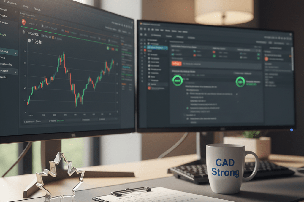 Medium shot of a professional desk with dual monitors showing blurred financial and pricing dashboards, maple leaf paperweight, and procurement checklist under natural office lighting