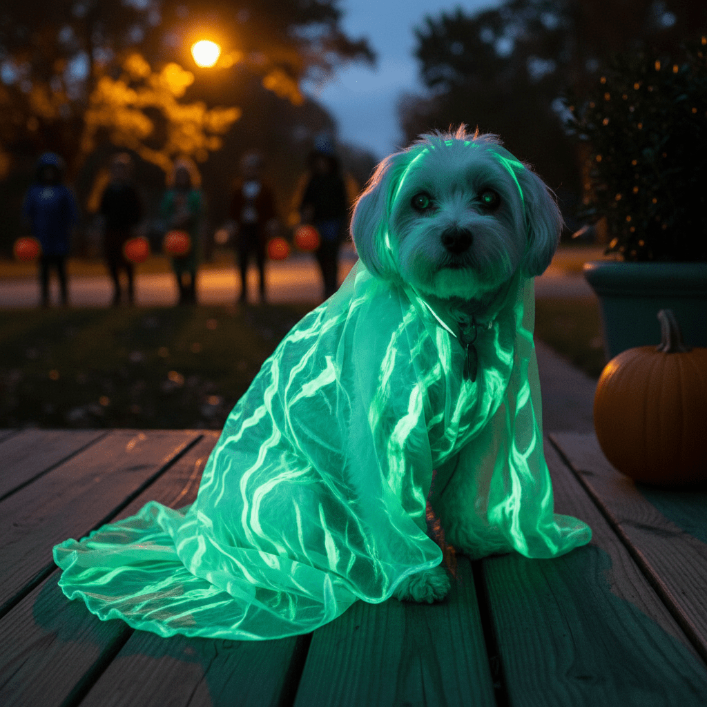 Small dog in glowing ghost costume sits on porch, illuminated by eerie green phosphorescence.