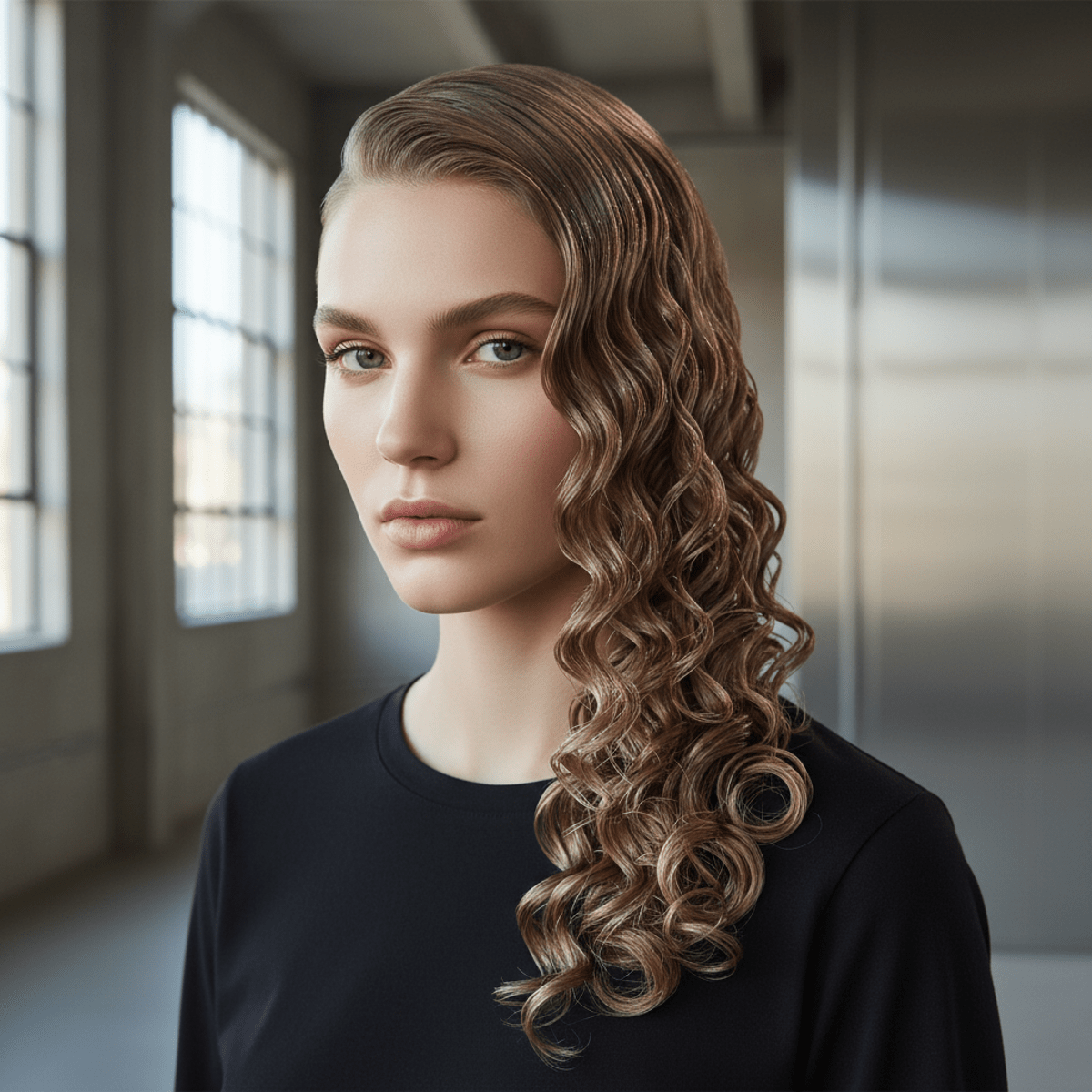 Soft drip mullet with glossy jeri curls cascading down the neck and shoulders.