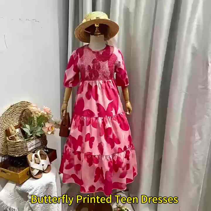 2025 Summer Teen Dresses Butterfly Printed Sweet Puff Sleeve Ruffle Cake  Girls Dress Holiday Middle Large Kids Clothing Girls