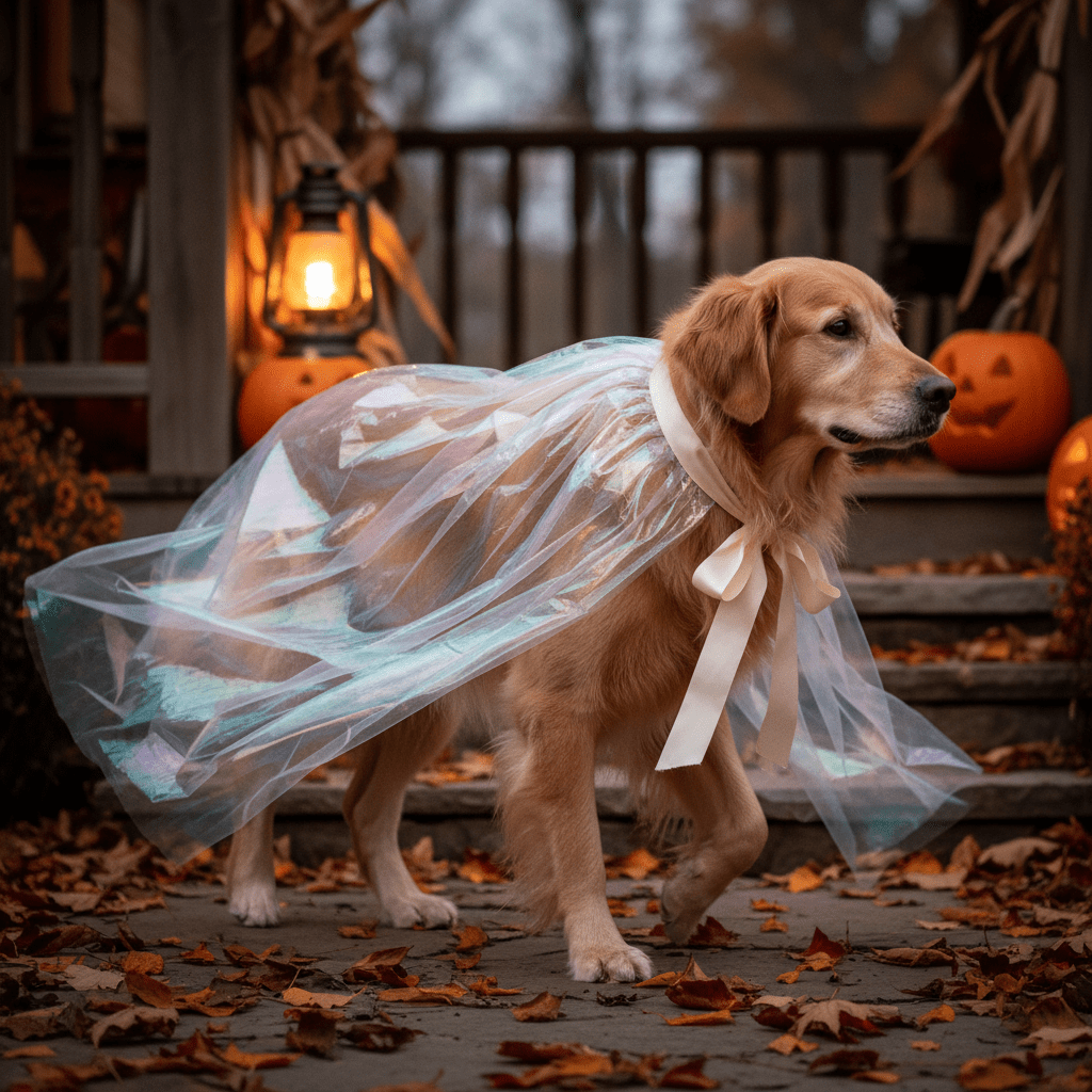 Dog in shimmering iridescent ghost cape on porch during twilight Halloween.