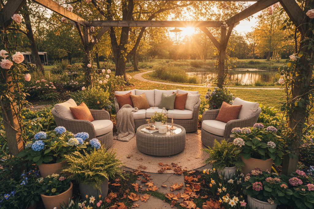Outdoor furniture displayed in a natural garden setting with seasonal decor elements under golden-hour lighting