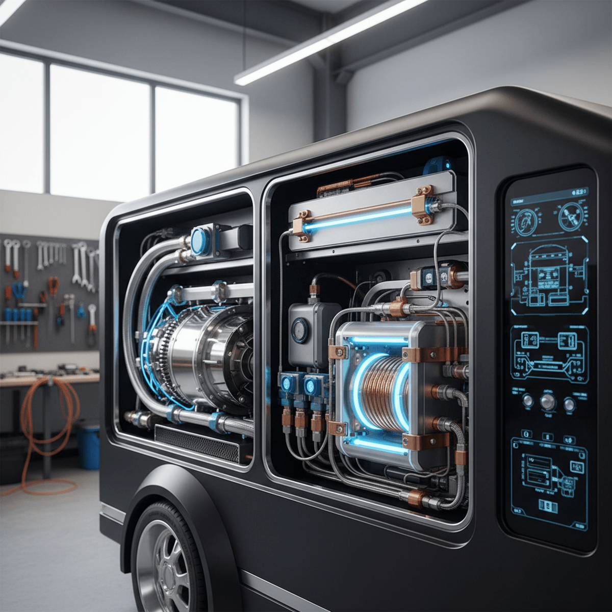 Futuristic truck mount carpet cleaner with exposed modular components in a workshop.