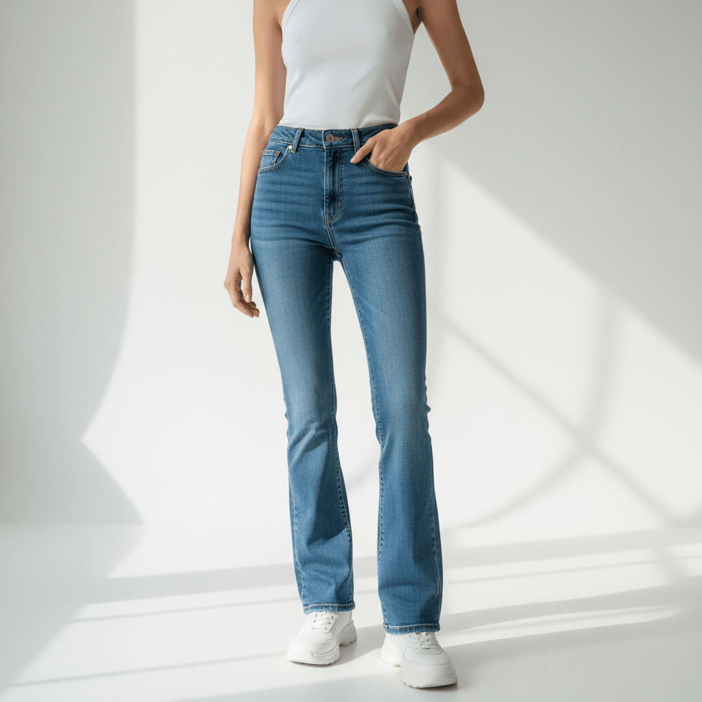 Model wearing 1995-inspired high-waisted boot-cut jeans in a minimalist studio.