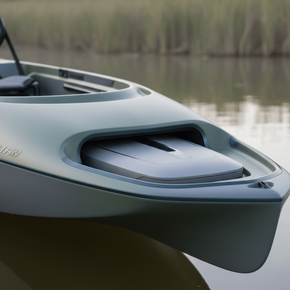 Premium fishing kayak hull with integrated propulsion pod Close-up of premium fishing kayak hull with retractable propulsion pod for shallow water.
