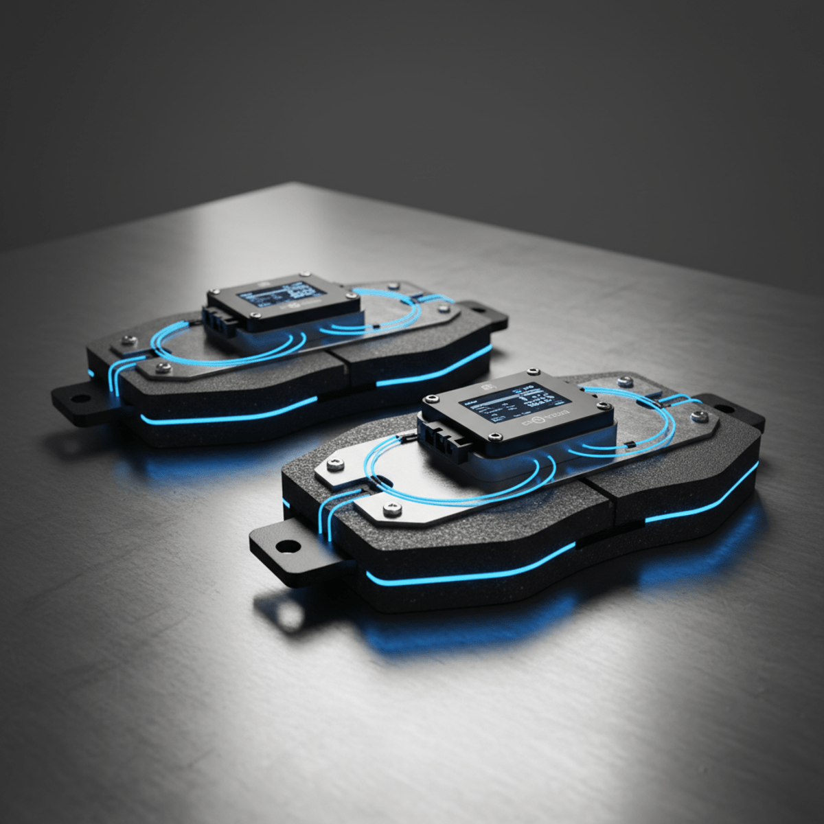 Close-up of futuristic truck brake pads with embedded IoT sensor wires and monitoring device.