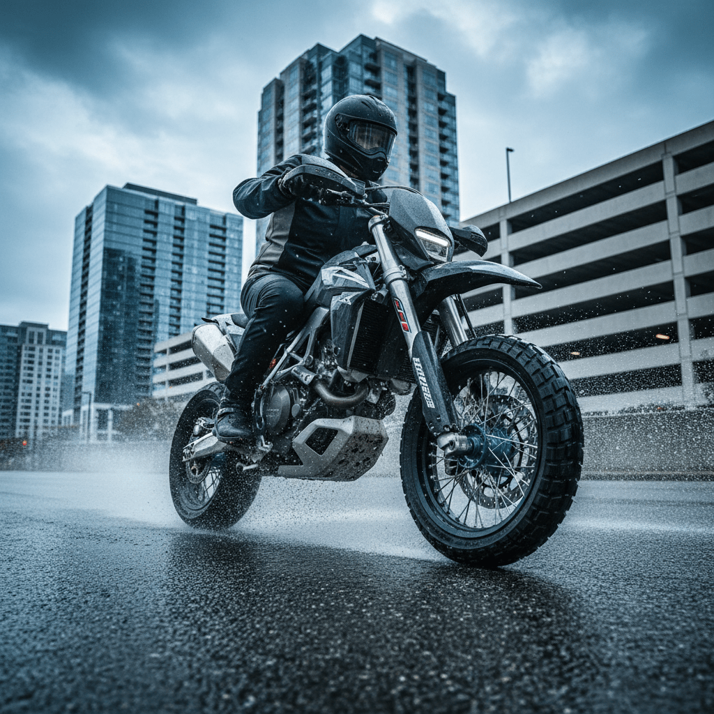 Commuter supermoto with all-weather tires navigating rain-soaked city streets.