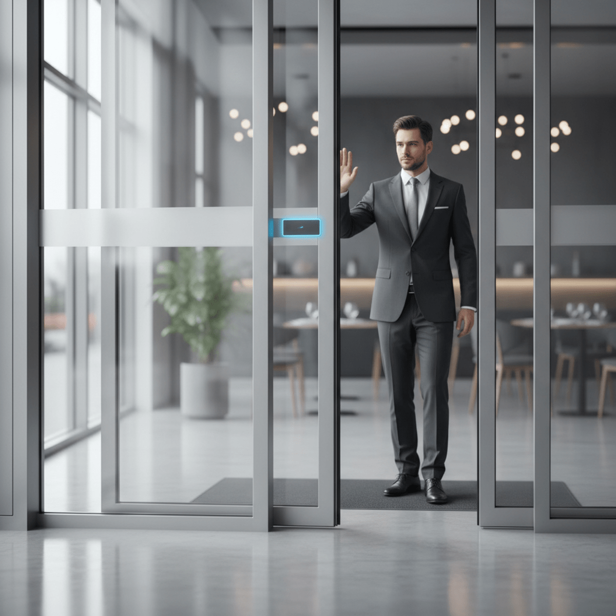 Gesture-controlled auto door opener on a sleek glass commercial doorway.