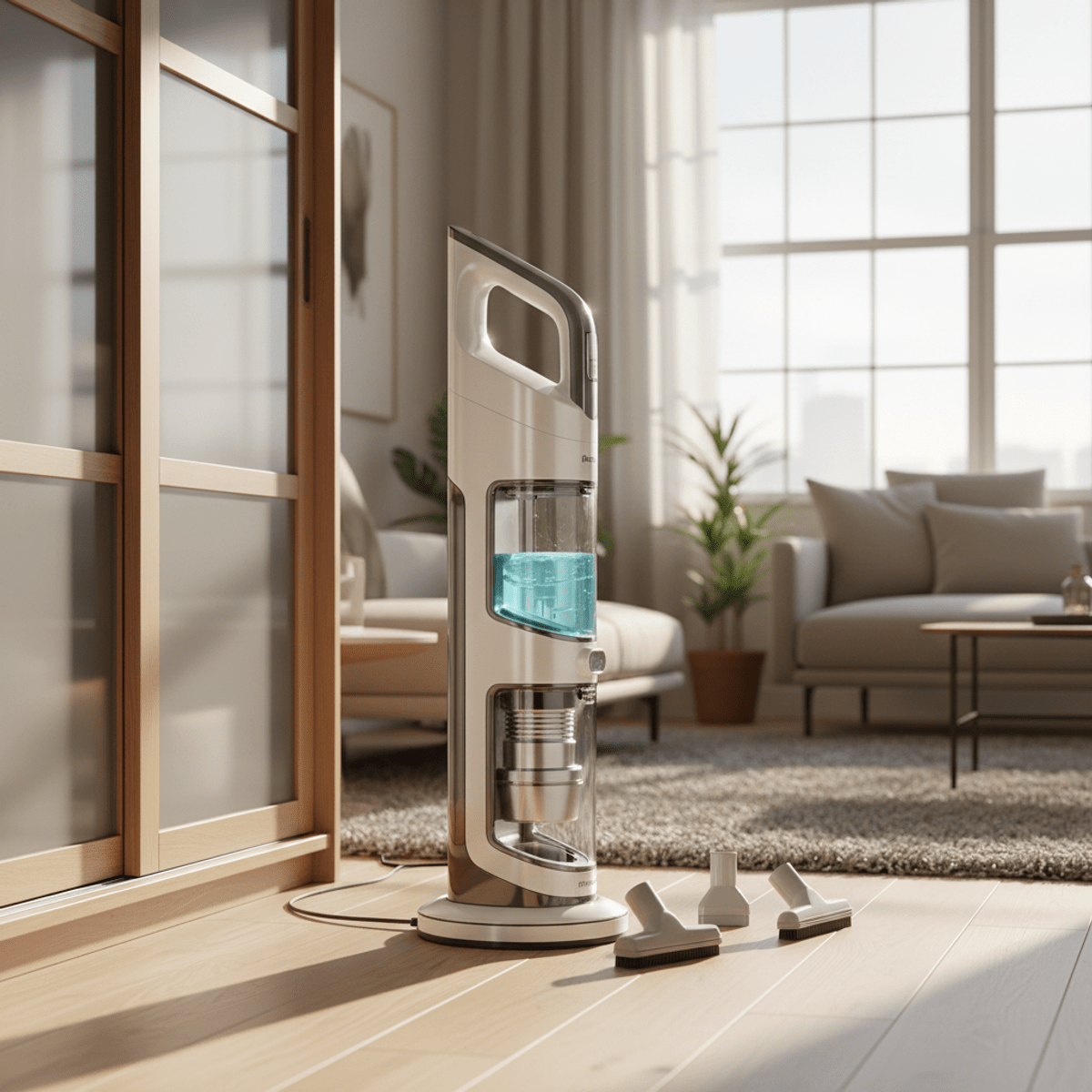 Modern handheld carpet cleaner in a bright studio apartment. Handheld carpet cleaner in a modern studio, elegant design with powerful motor.