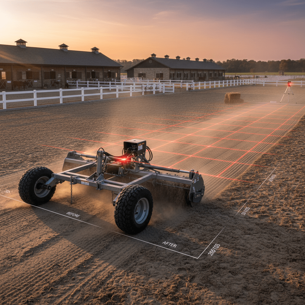 Outdoor equestrian arena leveled by laser-guided drag at golden hour.