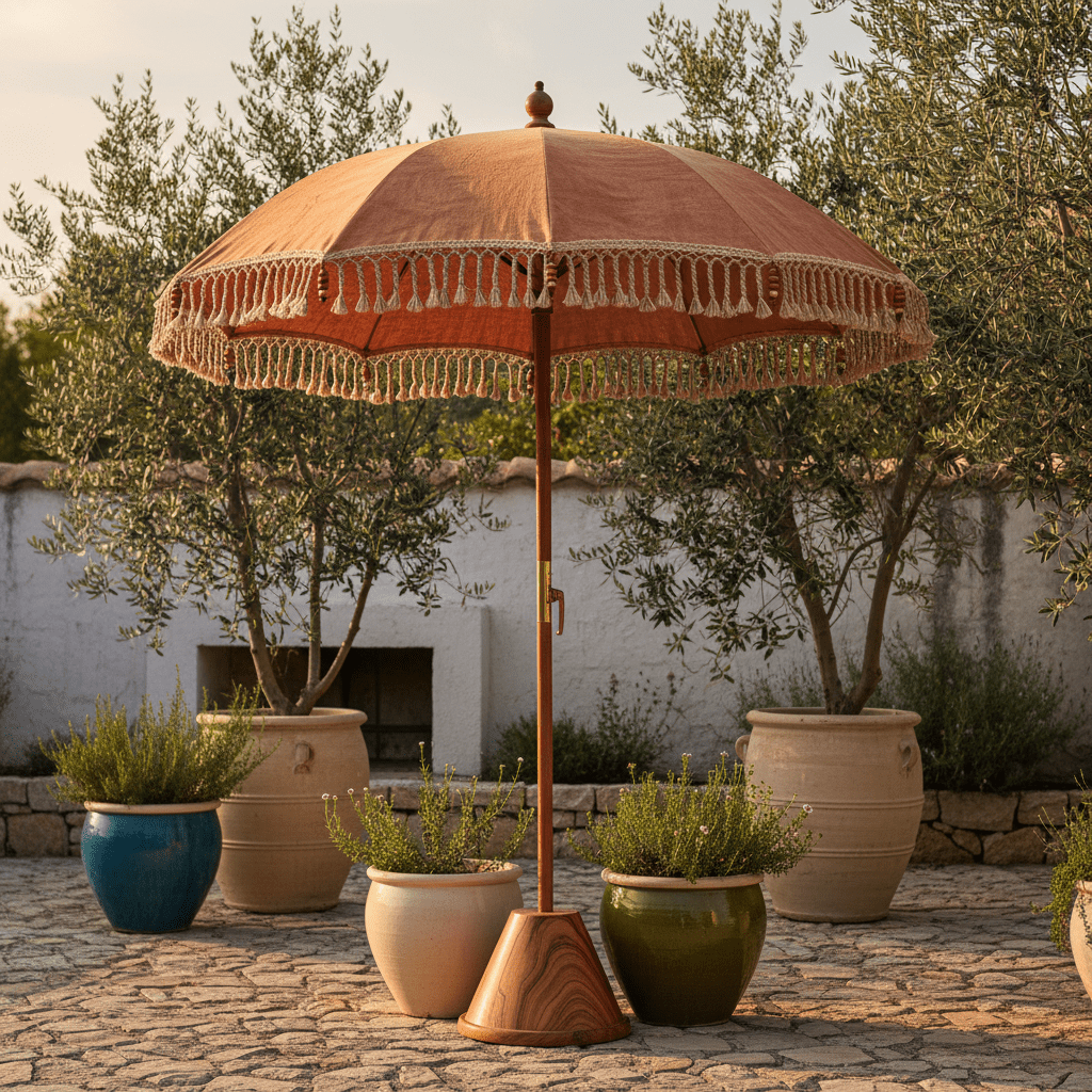 Handcrafted umbrella with macrame tassels on a Mediterranean stone terrace garden.