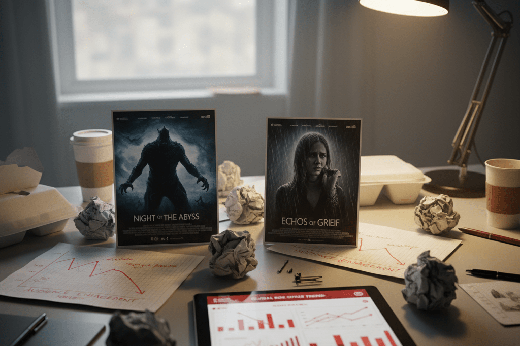 Marketing desk with generic posters and declining charts under warm light, symbolizing box office failure