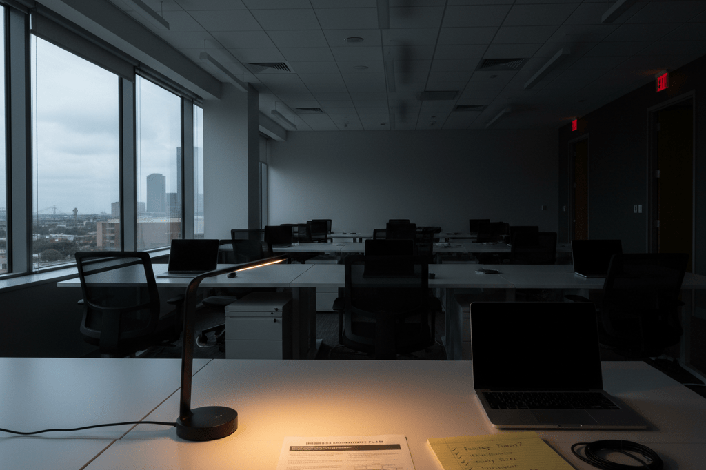 Medium shot of an office desk with emergency lamp, printed continuity plan, and dead electronics during a blackout