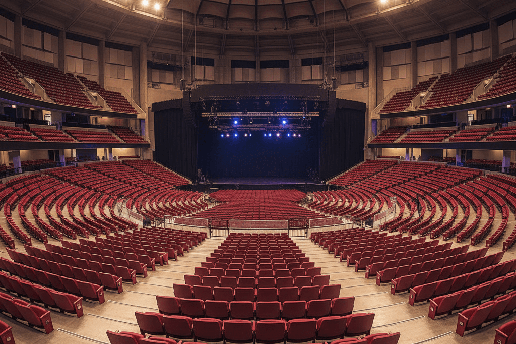 Wide view of an unoccupied concert arena with warm lighting, highlighting rows of seats and creating a sense of anticipation.